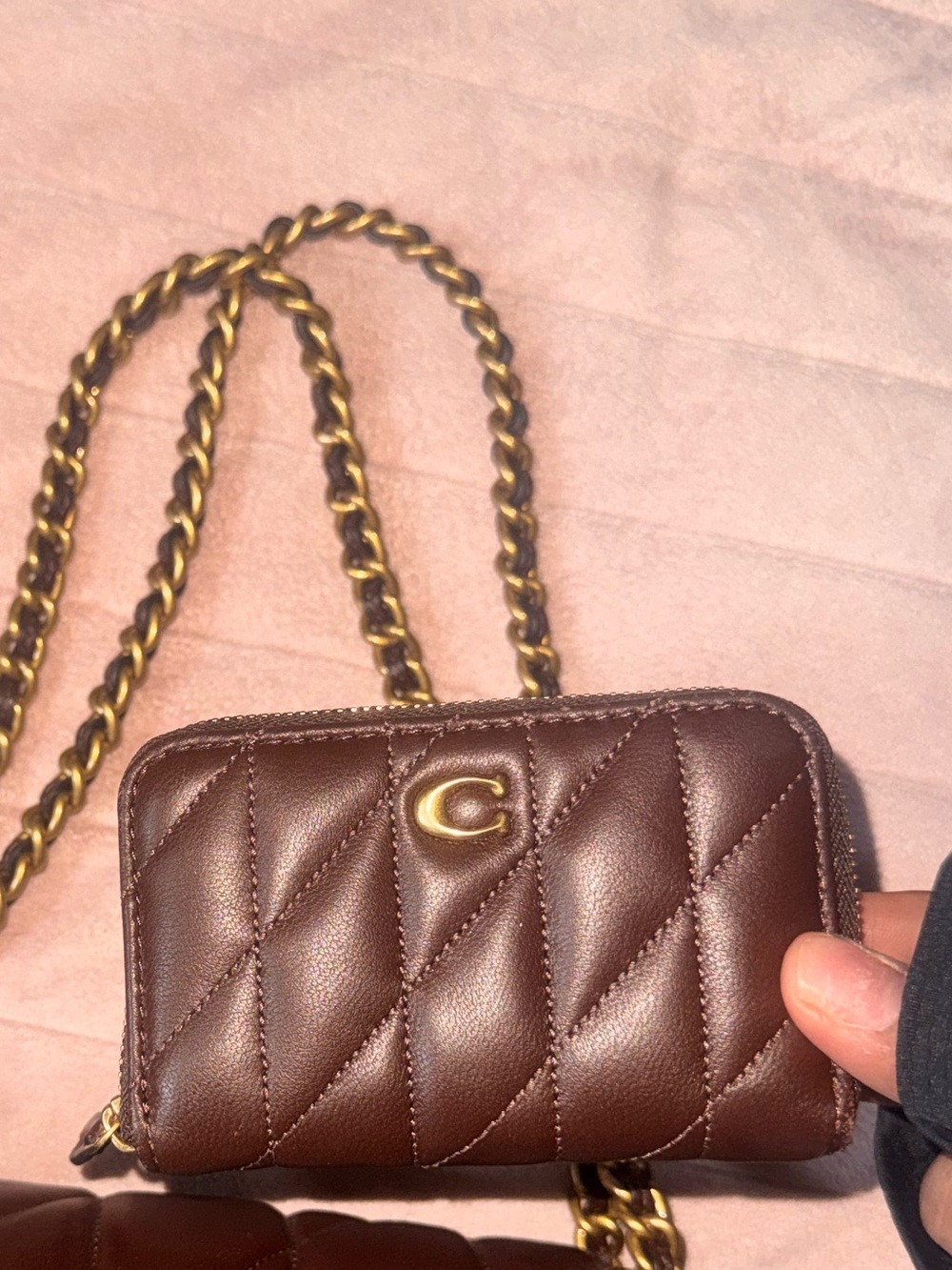 Coach Quilted Brown Leather Shoulder Bag with Chain Strap and Card Pouch